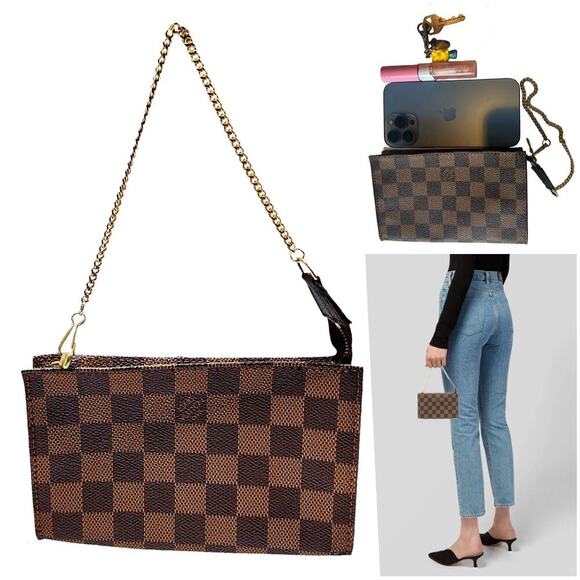 Louis Vuitton Damier Ebene Mini Pochette Gold Wrist-strap Chain Evening Clutch - Picture 1 of 10